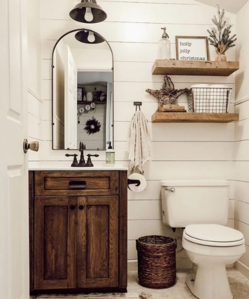 toilette aux couleur campagne chic avec meuble vasque en bois