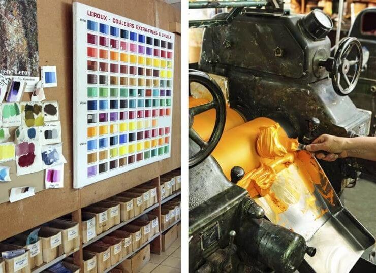 palette de peinture différentes couleurs avec à côté une machine de fabrication de peinture