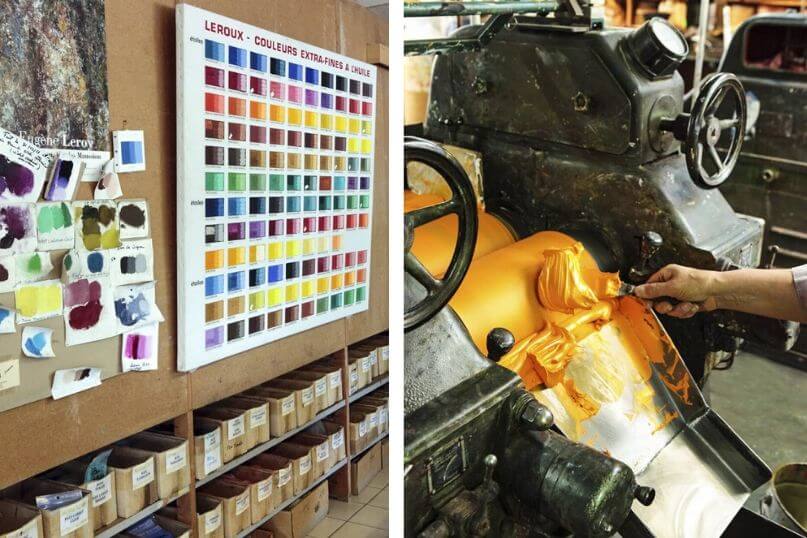 palette de peinture différentes couleurs avec à côté une machine de fabrication de peinture